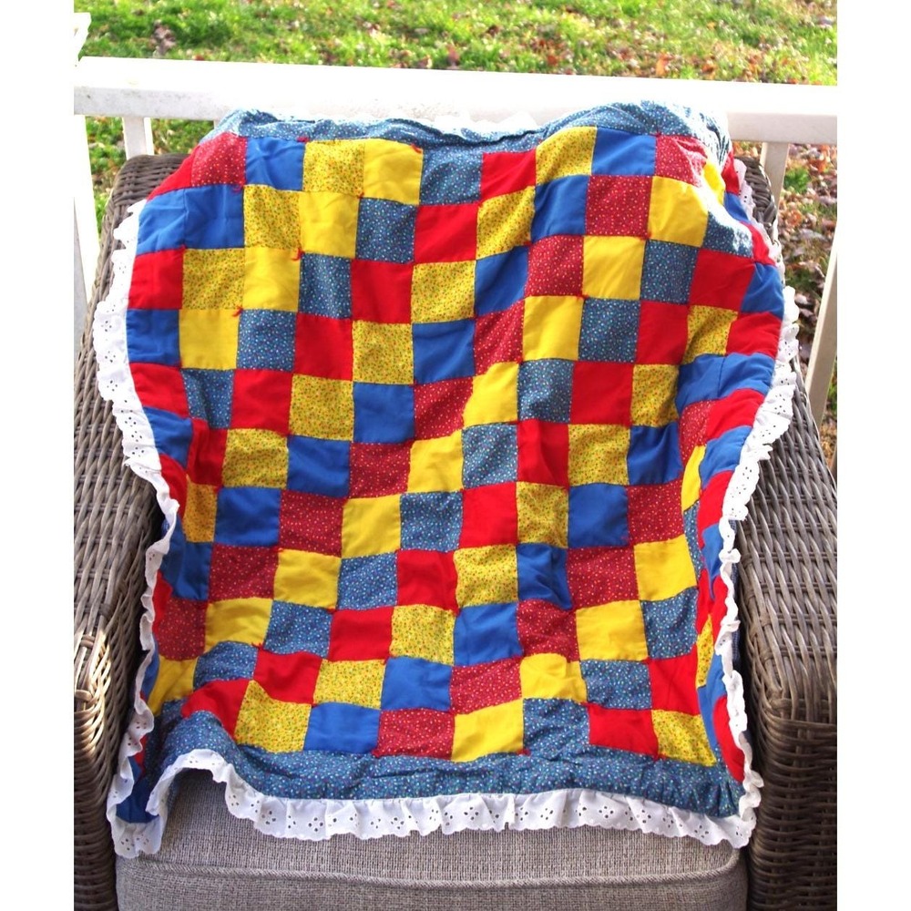 Vintage Handmade Primary‎ Colors Patchwork Quilt Serious LaKenzo Vibes!